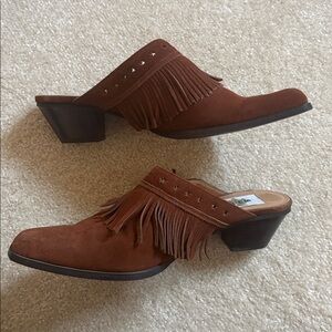 Oak Tree Farms Stacked Western Short Fringe Bootie Mule Heel
